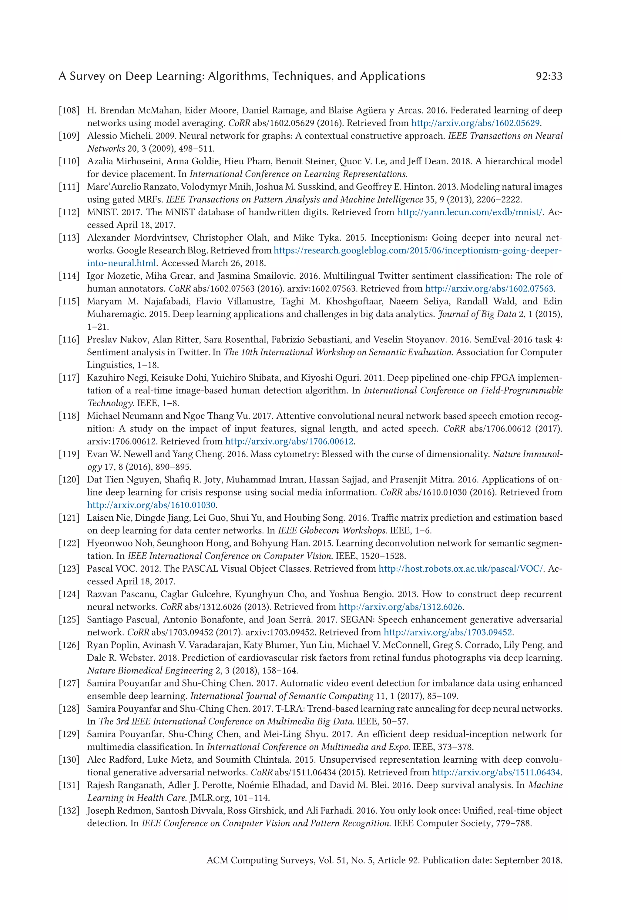 A Survey on Deep Learning: Algorithms, Techniques, and Applications 92:33
[108] H. Brendan McMahan, Eider Moore, Daniel Ramage, and Blaise Agüera y Arcas. 2016. Federated learning of deep
networks using model averaging. CoRR abs/1602.05629 (2016). Retrieved from http://arxiv.org/abs/1602.05629.
[109] Alessio Micheli. 2009. Neural network for graphs: A contextual constructive approach. IEEE Transactions on Neural
Networks 20, 3 (2009), 498–511.
[110] Azalia Mirhoseini, Anna Goldie, Hieu Pham, Benoit Steiner, Quoc V. Le, and Jeff Dean. 2018. A hierarchical model
for device placement. In International Conference on Learning Representations.
[111] Marc’Aurelio Ranzato, Volodymyr Mnih, Joshua M. Susskind, and Geoffrey E. Hinton. 2013. Modeling natural images
using gated MRFs. IEEE Transactions on Pattern Analysis and Machine Intelligence 35, 9 (2013), 2206–2222.
[112] MNIST. 2017. The MNIST database of handwritten digits. Retrieved from http://yann.lecun.com/exdb/mnist/. Ac-
cessed April 18, 2017.
[113] Alexander Mordvintsev, Christopher Olah, and Mike Tyka. 2015. Inceptionism: Going deeper into neural net-
works. Google Research Blog. Retrieved from https://research.googleblog.com/2015/06/inceptionism-going-deeper-
into-neural.html. Accessed March 26, 2018.
[114] Igor Mozetic, Miha Grcar, and Jasmina Smailovic. 2016. Multilingual Twitter sentiment classification: The role of
human annotators. CoRR abs/1602.07563 (2016). arxiv:1602.07563. Retrieved from http://arxiv.org/abs/1602.07563.
[115] Maryam M. Najafabadi, Flavio Villanustre, Taghi M. Khoshgoftaar, Naeem Seliya, Randall Wald, and Edin
Muharemagic. 2015. Deep learning applications and challenges in big data analytics. Journal of Big Data 2, 1 (2015),
1–21.
[116] Preslav Nakov, Alan Ritter, Sara Rosenthal, Fabrizio Sebastiani, and Veselin Stoyanov. 2016. SemEval-2016 task 4:
Sentiment analysis in Twitter. In The 10th International Workshop on Semantic Evaluation. Association for Computer
Linguistics, 1–18.
[117] Kazuhiro Negi, Keisuke Dohi, Yuichiro Shibata, and Kiyoshi Oguri. 2011. Deep pipelined one-chip FPGA implemen-
tation of a real-time image-based human detection algorithm. In International Conference on Field-Programmable
Technology. IEEE, 1–8.
[118] Michael Neumann and Ngoc Thang Vu. 2017. Attentive convolutional neural network based speech emotion recog-
nition: A study on the impact of input features, signal length, and acted speech. CoRR abs/1706.00612 (2017).
arxiv:1706.00612. Retrieved from http://arxiv.org/abs/1706.00612.
[119] Evan W. Newell and Yang Cheng. 2016. Mass cytometry: Blessed with the curse of dimensionality. Nature Immunol-
ogy 17, 8 (2016), 890–895.
[120] Dat Tien Nguyen, Shafiq R. Joty, Muhammad Imran, Hassan Sajjad, and Prasenjit Mitra. 2016. Applications of on-
line deep learning for crisis response using social media information. CoRR abs/1610.01030 (2016). Retrieved from
http://arxiv.org/abs/1610.01030.
[121] Laisen Nie, Dingde Jiang, Lei Guo, Shui Yu, and Houbing Song. 2016. Traffic matrix prediction and estimation based
on deep learning for data center networks. In IEEE Globecom Workshops. IEEE, 1–6.
[122] Hyeonwoo Noh, Seunghoon Hong, and Bohyung Han. 2015. Learning deconvolution network for semantic segmen-
tation. In IEEE International Conference on Computer Vision. IEEE, 1520–1528.
[123] Pascal VOC. 2012. The PASCAL Visual Object Classes. Retrieved from http://host.robots.ox.ac.uk/pascal/VOC/. Ac-
cessed April 18, 2017.
[124] Razvan Pascanu, Caglar Gulcehre, Kyunghyun Cho, and Yoshua Bengio. 2013. How to construct deep recurrent
neural networks. CoRR abs/1312.6026 (2013). Retrieved from http://arxiv.org/abs/1312.6026.
[125] Santiago Pascual, Antonio Bonafonte, and Joan Serrà. 2017. SEGAN: Speech enhancement generative adversarial
network. CoRR abs/1703.09452 (2017). arxiv:1703.09452. Retrieved from http://arxiv.org/abs/1703.09452.
[126] Ryan Poplin, Avinash V. Varadarajan, Katy Blumer, Yun Liu, Michael V. McConnell, Greg S. Corrado, Lily Peng, and
Dale R. Webster. 2018. Prediction of cardiovascular risk factors from retinal fundus photographs via deep learning.
Nature Biomedical Engineering 2, 3 (2018), 158–164.
[127] Samira Pouyanfar and Shu-Ching Chen. 2017. Automatic video event detection for imbalance data using enhanced
ensemble deep learning. International Journal of Semantic Computing 11, 1 (2017), 85–109.
[128] Samira Pouyanfar and Shu-Ching Chen. 2017. T-LRA: Trend-based learning rate annealing for deep neural networks.
In The 3rd IEEE International Conference on Multimedia Big Data. IEEE, 50–57.
[129] Samira Pouyanfar, Shu-Ching Chen, and Mei-Ling Shyu. 2017. An efficient deep residual-inception network for
multimedia classification. In International Conference on Multimedia and Expo. IEEE, 373–378.
[130] Alec Radford, Luke Metz, and Soumith Chintala. 2015. Unsupervised representation learning with deep convolu-
tional generative adversarial networks. CoRR abs/1511.06434 (2015). Retrieved from http://arxiv.org/abs/1511.06434.
[131] Rajesh Ranganath, Adler J. Perotte, Noémie Elhadad, and David M. Blei. 2016. Deep survival analysis. In Machine
Learning in Health Care. JMLR.org, 101–114.
[132] Joseph Redmon, Santosh Divvala, Ross Girshick, and Ali Farhadi. 2016. You only look once: Unified, real-time object
detection. In IEEE Conference on Computer Vision and Pattern Recognition. IEEE Computer Society, 779–788.
ACM Computing Surveys, Vol. 51, No. 5, Article 92. Publication date: September 2018.
 