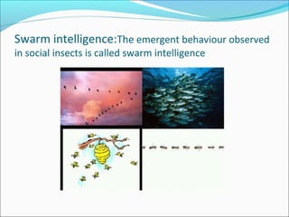 Swarm intelligence:The emergent behaviour observed
in social insects is called swarm intelligence
 