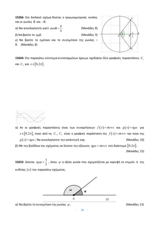- 28 -
15266: Στο διπλανό σχήμα δίνεται ο τριγωνομετρικός κύκλος
και οι γωνίες θ και θ .
α) Να αιτιολογήσετε γιατί 
3
συνθ
5
. (Μονάδες 8)
β) Να βρείτε το ημθ. (Μονάδες 9)
γ) Να βρείτε το ημίτονο και το συνημίτονο της γωνίας –
θ. (Μονάδες 8)
15644: Στο παρακάτω σύστημα συντεταγμένων έχουμε σχεδιάσει δύο γραφικές παραστάσεις 1
C
και 2
C για  
0,2
x 
 .
α) Αν οι γραφικές παραστάσεις είναι των συναρτήσεων  
f x x

 και  
g x x

 για
 
0,2
x 
 , ποια από τις 1
C , 2
C είναι η γραφική παράσταση της  
f x x

 και ποια της
 
g x x

 ; Να αιτιολογήσετε την απάντησή σας. (Μονάδες 10)
β) Με την βοήθεια του σχήματος να λύσετε την εξίσωση x x
 
 στο διάστημα  
0,2 .
(Μονάδες 15)
15652: Δίνεται
3
5
  , όπου  η οξεία γωνία που σχηματίζεται με κορυφή το σημείο  της
ευθείας  
 του παρακάτω σχήματος.
α) Να βρείτε το συνημίτονο της γωνίας  . (Μονάδες 13)
 