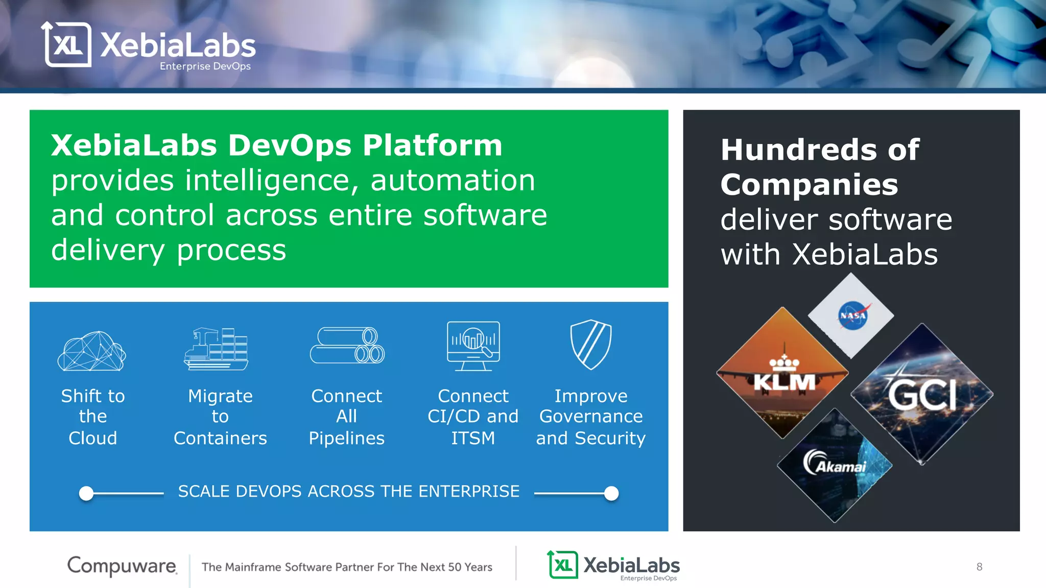 8
XebiaLabs DevOps Platform
provides intelligence, automation
and control across entire software
delivery process
Shift to
the
Cloud
Migrate
to
Containers
Connect
All
Pipelines
Connect
CI/CD and
ITSM
Improve
Governance
and Security
SCALE DEVOPS ACROSS THE ENTERPRISE
Hundreds of
Companies
deliver software
with XebiaLabs
 