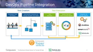 17
DevOps Pipeline Integration
Integrate into
DevOps Pipeline
Test ExecutionTest Creation
Developers Code
and Debug
Automatically Generate and
Manage Reusable Test Assets
Test
Execution
Review Test and
Code Coverage Reports
 