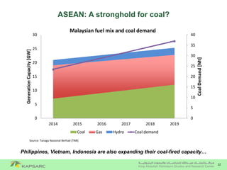 12
ASEAN: A stronghold for coal?
0
5
10
15
20
25
30
35
40
0
5
10
15
20
25
30
2014 2015 2016 2017 2018 2019
CoalDemand[Mt]
GenerationCapacity[GW] Malaysian fuel mix and coal demand
Coal Gas Hydro Coal demand
Source: Tanaga Nasional Berhad (TNB)
Philippines, Vietnam, Indonesia are also expanding their coal-fired capacity…
 