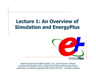 Lecture 1: An Overview of
Simulation and EnergyPlus
Material prepared by GARD Analytics, Inc. and University of Illinois
at Urbana-Champaign under contract to the National Renewable Energy
Laboratory. All material Copyright 2002-2003 U.S.D.O.E. - All rights reserved
 