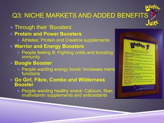 Q3: NICHE MARKETS AND ADDED BENEFITS
 Through their ‘Boosters’
 Protein and Power Boosters
 Athletes: Protein and Creatine supplements
 Warrior and Energy Boosters
 People feeling ill: Fighting colds and boosting
immunity
 Boogle Booster
 People wanting energy boost: Increases mental
functions
 Go Girl, Fibre, Combo and Wilderness
Booster
 People wanting healthy snack: Calcium, fiber,
multivitamin supplements and antioxidants
 