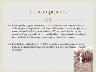 
 La propiedad agraria comunal, civil y eclesiástica se mantuvo hasta
1856, en que se expidieron las Leyes de Desamortización, ocupación y
enajenación de baldíos, más tarde en 1833 se promulgó la Ley de
colonización y deslinde de terrenos baldíos, el objetivo de estas leyes
fue deslindar los baldíos existentes para ponerlos en venta.
 Los deslindes terminaron en 1904, dejando a un país en manos de un
puñado de hacendados que adicionaban al poder económico el civil y
el militar.
Los campesinos
 