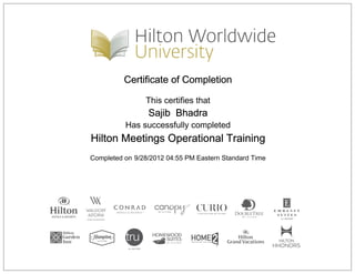 Certificate of Completion
This certifies that
Sajib Bhadra
Has successfully completed
Hilton Meetings Operational Training
Completed on 9/28/2012 04:55 PM Eastern Standard Time
 