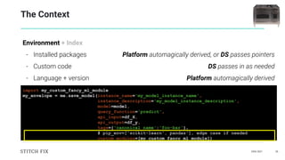 DAIS 2021 26
The Context
Environment + Index
- Installed packages
- Custom code
- Language + version
import my_custom_fancy_ml_module
my_envelope = me.save_model(instance_name='my_model_instance_name',
instance_description='my_model_instance_description',
model=model,
query_function='predict',
api_input=df_X,
api_output=df_y,
tags={'canonical_name':'foo-bar'},
# pip_env=['scikit-learn', pandas'], edge case if needed
custom_modules=[my_custom_fancy_ml_module])
Platform automagically derived, or DS passes pointers
DS passes in as needed
Platform automagically derived
 