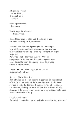 •Digestive system
slows down.
•Stomach acids
increase.
•Urine production
decreases.
•More sugar is released
to bloodstream.
•Less blood goes to skin and digestive system.
•Blood's clotting ability increases.
Sympathetic Nervous System (SNS) The compo-
nent of the autonomic nervous system that responds
to stressful situations by initiating the fight-or-flight
response.
Parasympathetic Nervous System (PNS) The
component of the autonomic nervous system that
helps bring the body to a resting state following
stressful experiences.
Table 2 ▶ The Three Stages in the General
Adaptation Syndrome
Stage 1: Alarm Reaction
Any physical or mental trauma triggers an immediate set
of reactions that combat the stress. Because the immune
system is initially depressed, normal levels of resistance
are lowered, making us more susceptible to infection and
disease. If the stress is not severe or long-lasting, we bounce
back and recover rapidly.
Stage 2: Resistance
Eventually, sometimes rather quickly, we adapt to stress, and
 