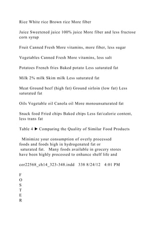Rice White rice Brown rice More fiber
Juice Sweetened juice 100% juice More fiber and less fructose
corn syrup
Fruit Canned Fresh More vitamins, more fiber, less sugar
Vegetables Canned Fresh More vitamins, less salt
Potatoes French fries Baked potato Less saturated fat
Milk 2% milk Skim milk Less saturated fat
Meat Ground beef (high fat) Ground sirloin (low fat) Less
saturated fat
Oils Vegetable oil Canola oil More monounsaturated fat
Snack food Fried chips Baked chips Less fat/calorie content,
less trans fat
Table 4 ▶ Comparing the Quality of Similar Food Products
Minimize your consumption of overly processed
foods and foods high in hydrogenated fat or
saturated fat. Many foods available in grocery stores
have been highly processed to enhance shelf life and
cor22568_ch14_323-348.indd 338 8/24/12 4:01 PM
F
O
S
T
E
R
 