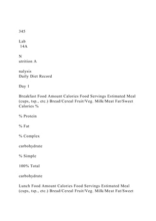 345
Lab
14A
N
utrition A
nalysis
Daily Diet Record
Day 1
Breakfast Food Amount Calories Food Servings Estimated Meal
(cups, tsp., etc.) Bread/Cereal Fruit/Veg. Milk/Meat Fat/Sweet
Calories %
% Protein
% Fat
% Complex
carbohydrate
% Simple
100% Total
carbohydrate
Lunch Food Amount Calories Food Servings Estimated Meal
(cups, tsp., etc.) Bread/Cereal Fruit/Veg. Milk/Meat Fat/Sweet
 