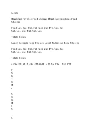 Meals
Breakfast Favorite Food Choices Breakfast Nutritious Food
Choices
Food Cal. Pro. Car. Fat Food Cal. Pro. Car. Fat
Cal. Cal. Cal. Cal. Cal. Cal.
Totals Totals
Lunch Favorite Food Choices Lunch Nutritious Food Choices
Food Cal. Pro. Car. Fat Food Cal. Pro. Car. Fat
Cal. Cal. Cal. Cal. Cal. Cal.
Totals Totals
cor22568_ch14_323-348.indd 348 8/24/12 4:01 PM
F
O
S
T
E
R
,
C
E
D
R
I
C
1
6
 