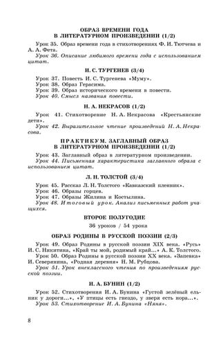 8
ОБРАЗ ВРЕМЕНИ ГОДА
В ЛИТЕРАТУРНОМ ПРОИЗВЕДЕНИИ (1/2)
Урок 35. Образ времени года в стихотворениях Ф. И. Тютчева и
А. А. Фета.
Урок 36. Описание любимого времени года с использованием
цитат.
И. С. ТУРГЕНЕВ (3/4)
Урок 37. Повесть И. С. Тургенева «Муму».
Урок 38. Образ Герасима.
Урок 39. Образ исторического времени в повести.
Урок 40. Смысл названия повести.
Н. А. НЕКРАСОВ (1/2)
Урок 41. Стихотворение Н. А. Некрасова «Крестьянские
дети».
Урок 42. Выразительное чтение произведений Н. А. Некра-
сова.
ПРАКТИКУМ. ЗАГЛАВНЫЙ ОБРАЗ
В ЛИТЕРАТУРНОМ ПРОИЗВЕДЕНИИ (1/2)
Урок 43. Заглавный образ в литературном произведении.
Урок 44. Письменная характеристика заглавного образа с
использованием цитат.
Л. Н. ТОЛСТОЙ (3/4)
Урок 45. Рассказ Л. Н. Толстого «Кавказский пленник».
Урок 46. Образы горцев.
Урок 47. Образы Жилина и Костылина.
Урок 48. Итоговый урок. Анализ письменных работ уча-
щихся.
ВТОРОЕ ПОЛУГОДИЕ
36 уроков / 54 урока
ОБРАЗ РОДИНЫ В РУССКОЙ ПОЭЗИИ (2/3)
Урок 49. Образ Родины в русской поэзии XIX века. «Русь»
И. С. Никитина, «Край ты мой, родимый край...» А. К. Толстого.
Урок 50. Образ Родины в русской поэзии XX века. «Запевка»
И. Северянина, «Родная деревня» Н. М. Рубцова.
Урок 51. Урок внеклассного чтения по произведениям рус-
ской поэзии.
И. А. БУНИН (1/2)
Урок 52. Стихотворения И. А. Бунина «Густой зелёный ель-
ник у дороги...», «У птицы есть гнездо, у зверя есть нора...».
Урок 53. Стихотворение И. А. Бунина «Няня».
 