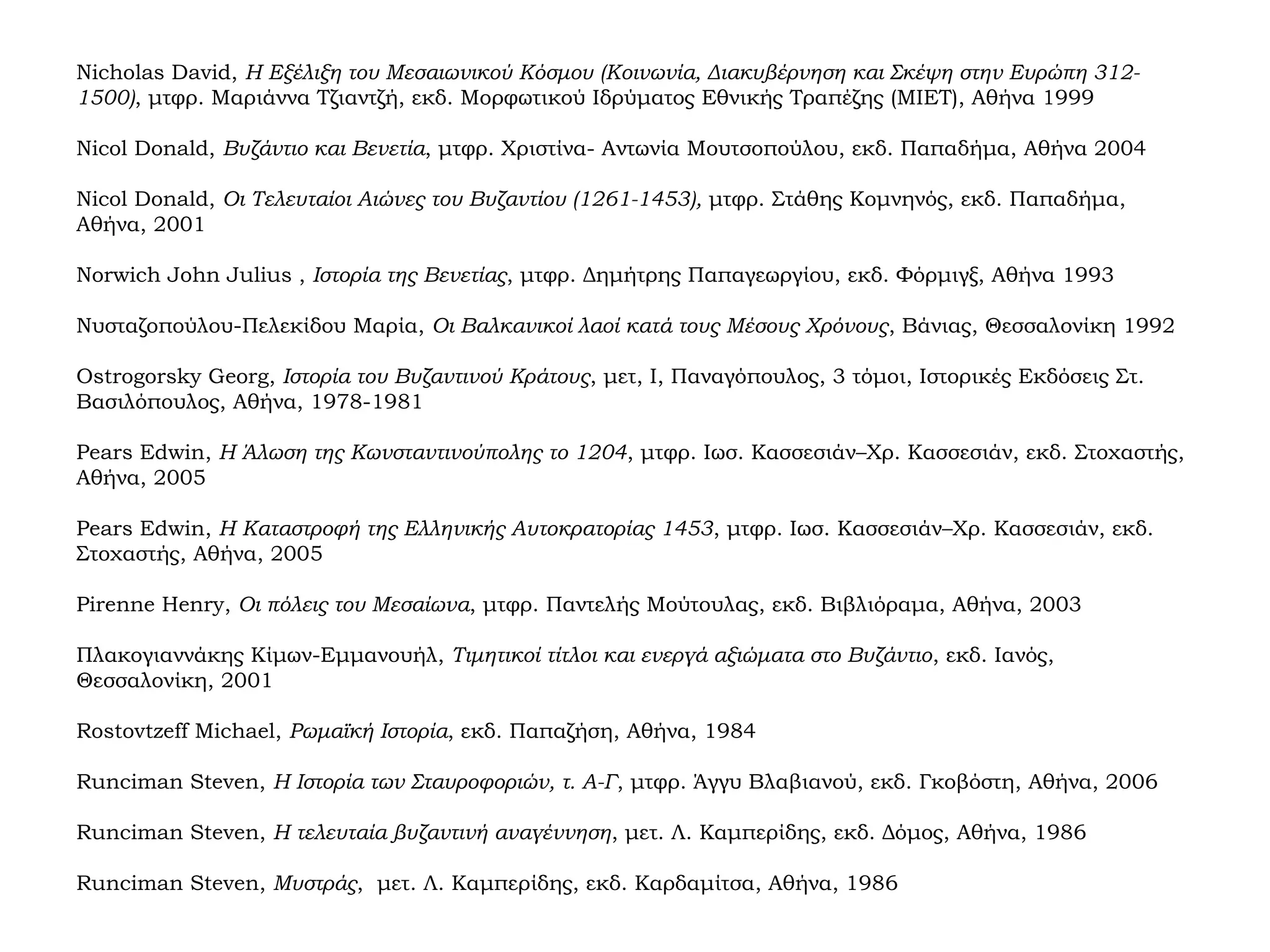 Nicholas David, Η Εξέλιξη του Μεσαιωνικού Κόσμου (Κοινωνία, Διακυβέρνηση και Σκέψη στην Ευρώπη 312-
1500), μτφρ. Μαριάννα Τζιαντζή, εκδ. Μορφωτικού Ιδρύματος Εθνικής Τραπέζης (ΜΙΕΤ), Αθήνα 1999
Nicol Donald, Βυζάντιο και Βενετία, μτφρ. Χριστίνα- Αντωνία Μουτσοπούλου, εκδ. Παπαδήμα, Αθήνα 2004
Nicol Donald, Οι Τελευταίοι Αιώνες του Βυζαντίου (1261-1453), μτφρ. Στάθης Κομνηνός, εκδ. Παπαδήμα,
Αθήνα, 2001
Norwich John Julius , Ιστορία της Βενετίας, μτφρ. Δημήτρης Παπαγεωργίου, εκδ. Φόρμιγξ, Αθήνα 1993
Νυσταζοπούλου-Πελεκίδου Μαρία, Οι Βαλκανικοί λαοί κατά τους Μέσους Χρόνους, Βάνιας, Θεσσαλονίκη 1992
Ostrogorsky Georg, Ιστορία του Βυζαντινού Κράτους, μετ, I, Παναγόπουλος, 3 τόμοι, Ιστορικές Εκδόσεις Στ.
Βασιλόπουλος, Αθήνα, 1978-1981
Pears Edwin, Η Άλωση της Κωνσταντινούπολης το 1204, μτφρ. Ιωσ. Κασσεσιάν–Χρ. Κασσεσιάν, εκδ. Στοχαστής,
Αθήνα, 2005
Pears Edwin, Η Καταστροφή της Ελληνικής Αυτοκρατορίας 1453, μτφρ. Ιωσ. Κασσεσιάν–Χρ. Κασσεσιάν, εκδ.
Στοχαστής, Αθήνα, 2005
Pirenne Henry, Οι πόλεις του Μεσαίωνα, μτφρ. Παντελής Μούτουλας, εκδ. Βιβλιόραμα, Αθήνα, 2003
Πλακογιαννάκης Κίμων-Εμμανουήλ, Τιμητικοί τίτλοι και ενεργά αξιώματα στο Βυζάντιο, εκδ. Ιανός,
Θεσσαλονίκη, 2001
Rostovtzeff Michael, Ρωμαϊκή Ιστορία, εκδ. Παπαζήση, Αθήνα, 1984
Runciman Steven, Η Ιστορία των Σταυροφοριών, τ. Α-Γ, μτφρ. Άγγυ Βλαβιανού, εκδ. Γκοβόστη, Αθήνα, 2006
Runciman Steven, Η τελευταία βυζαντινή αναγέννηση, μετ. Λ. Καμπερίδης, εκδ. Δόμος, Αθήνα, 1986
Runciman Steven, Μυστράς, μετ. Λ. Καμπερίδης, εκδ. Καρδαμίτσα, Αθήνα, 1986
 