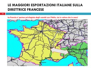 12
LE MAGGIORI ESPORTAZIONI ITALIANE SULLA
DIRETTRICE FRANCESE
12
La Francia e’ partner privilegiato degli scambi con l’Italia, sia in valore che in merci
 