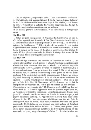 103
1. Cela les empêche (l'empêche) de sortir. 2. Elle l'a informé de sa décision.
3. Elle lui (leur) a jeté un regard étonné. 4. On lui (leur) a défendu d'allumer
le feu. 5. Je lui ai demandé d'apporter un drap. 6. Elle lui (leur) a crié de tirer
le filet. 7. Je lui (leur) ai défendu de s'en aller nager loin dans la mer. 8.
Danielle passait des heures entières avec les pêcheurs
et les aidait à préparer la bouillabaisse. 9. Ils l'ont invitée à partager leur
repas.
Ex. 10 p. 388
1. Robert est parti en expédition- 2, Je partage la chambre avec un ami. 3.
Cet enfant a peur de tout le monde. 4, Son frère s'est engagé dans l'aviation.
5. Danielle aimait causer avec les pêcheurs. 6. Elle aidait (...) les pêcheurs à
préparer la bouillabaisse. 7, Elle est sûre de lur amitié. 8. Les gamins
s'approchent de leur cabane. 9. Elle refuse de suivre leur exemple, 10. Jean
hésite à camper sur la plage. 11. La pluie a empêché (...) les fillettes de
sortir. 12. Les pêcheurs ont invité les fillettes à partager leur repas. 13, On
lui a défendu de s'en aller nager loin dans la mer.
Ex. 11 p. 389
1. Notre village se trouve à une trentaine de kilomètres de la ville. 2, Les
enfants adoraient leurs grands-parents et allaient d'habitude passer (passaient
d'habitude) leurs vacances chez eux à Vistale. 3. Comment s'appelait
autrefois cette ville? 4. Autrefois il y avait ici un jardin et maintenant, il y a
ici une école (c'est une école qui se trouve à sa place). 5. Elle portait toujours
un foulard noir. 6. Danielle avait beaucoup d'amis parmi les paysans et les
pêcheurs. 7. Sa voisine était une vieille paysanne corse. 8. Parmi les invités,
il y avait beaucoup de journalistes. 9. Je ne sais pas quand commence la
réunion. — Mais tu peux téléphoner à la (au) secrétaire. — Bien sûr, je n'ai
pas eu l'idée de le faire. 10. Nous avons eu l'idée de camper au bord de la
mer pendant nos vacances. 11. Tu n'es pas très content de mon arrivée? —
Comment as-tu pu avoir cette idée? 12. Comment a-t-il eu l'idée de dire une
chose pareille? 13. Il nous a rapporté du Midi des pommes magnifiques. 14,
Je t'assure que je te rendrai (rapporterai) toutes les revues dans deux ou trois
jours. 15. N'oublie pas de me rapporter demain les cassettes que je t'ai
prêtées la semaine dernière. 16. Apporte du bois, s'il te plaît, nous allons
allumer le feu. 17. Nous demeurions (habitions) non loin du Bois de
Boulogne et, tous les matins, nous nous y rendions pour faire une petite
promenade. 18. Ils (elles) se sont construit une petite cabane où ils (elles)
pouvaient s'abriter de la pluie et du soleil. 19. Demain, nous partons (nous
allons partir, nous partirons) en expédition. 20. Cette petite armoire est très
commode: on peut y ranger beaucoup d'affaires. 21. Je vais chercher une
 