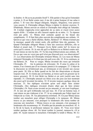 112
la fenêtre. 4. Où as-tu pu prendre froid? 5. Elle parlait si bas qu'on l'entendait
à peine. 6. Il est fâché contre moi, il me dit à peine bonjour (il me salue à
peine). 7. Si vous êtes fatigué (fatiguée, fatigués, fatiguées), vous pouvez
vous asseoir. 8. Christophe obligea Minna à répéter le dernier exercice. 9.
D'habitude, Minna arrivait en retard et Christophe était obligé de l'attendre.
10. L'enfant s'approcha (s'est approché) de sa mère et s'assit (s'est assis)
auprès d'elle. / L'enfant est allé s'asseoir auprès de sa mère. 11. Ta réponse
n'est pas polie. 12. Minna était contente quand on lui faisait des
compliments. 13. Il faut faire plus souvent des compliments aux enfants. 14.
Qu'est-ce qui vous a fâché (fâchée, fâchés, fâchées)? 15. Minna n'aimait pas
la musique; quand elle restait seule, elle préférait faire des gammes. 16.
Quand Christophe obligeait Minna à faire des exercices difficiles, elle se
fâchait et jouait mal, 17. Pourquoi t'es-tu fâché contre lui? Je trouve (je
crois) qu'il a raison. 18. Je suis sûr qu'il se fâchera (va se fâcher) contre moi.
Il vaut mieux ne rien lui dire. 19. Tu fais trop d'observations aux enfants. 20.
Est-ce que vous ne voyez pas qu'il n'est pas d'accord avec vos observations?
21. Les observations de Christophe irritaient Minna. 22. Les ruses de Minna
irritaient Christophe et il n'était pas très poli avec elle. 23. Si tu continues, je
me fâcherai. 24. Pour se venger, Minna inventait des ruses qui irritaient
Christophe. 25. Aie la patience de m'écouter. 26. Il aime le calme et la
nature, il ne s'ennuie pas (il ne s'ennuie jamais) à la campagne. 27. L'objet de
la discussion ne m'intéressait pas, je m'ennuyais et j'ai inventé une excuse
pour partir. 28. Elle se fâche quand on lui fait des observations et discute
toujours tout. 29. Je n'aime pas cet homme, je trouve qu'il est grossier (je le
trouve grossier). 30. Il s'est fâché (se fâcha) et est sorti (sortit) sans rien
répondre. 31. Christophe amusait ses frères avec des jeux (en leur montrant
des jeux) qu'il inventait lui-même. 32. Il invente toujours quelque chose de
nouveau. 33. Ses répliques n'avaient qu'un seul objet: faire éclater
Christophe. (Ses répliques n'avaient d'autre objet que de faire éclater
Christophe.) 34. Nous avons inventé un jeu amusant, je vais tout t'expliquer.
35. Je suis sûr qu'il n'obtiendra rien par ruse. 36. C'est un homme rusé, il
vaut mieux ne pas s'adresser à lui. 37. Je ne comprends pas l'objet (quel est
l'objet) de sa visite. 38. Tes plaisanteries m'irritent. 39. Un jour Minna laissa
tomber son mouchoir pour obliger Christophe à le ramasser. 40. Minna
trouva ce jeu amusant, c'est pourquoi le lendemain elle laissa tomber de
nouveau son mouchoir. / Minna trouva ce jeu amusant, c'est pourquoi le
lendemain elle recommença. 41. N'oublie pas de prendre un mouchoir. 42. A
la fin de la leçon, le professeur ramasse les copies. 43. Vous avez laissé
tomber quelque chose. 44. J'ai laissé tomber le journal, ramasse-le, s'il te
plaît. 45. Ayant ramassé le mouchoir; Christophe le tendit à Minna. 46. Ce
 