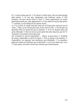 116
b) 1. Je dors moins que toi. 2. J'ai choisi la valise noire, elle est moins grande
(plus petite). 3. Je vois que, maintenant, cela t'intéresse moins. 4. Elle
marchait vite pour moins sentir le froid. 5. Notre appartement est moins
grand (plus petit) que votre appartement. 6. Cette table est encore plus petite.
7. A présent, je suis obligé de me reposer moins.
c) 1. Ce jour-là, le temps était plus mauvais (il faisait plus mauvais) que la
veille. 2. Hier, je me sentais plus mal, j'avais mal à la tête. 3. On dit que son
deuxième film est moins bon que le premier. 4. Je lis en français plus mal
qu'en allemand. 5. Peut-on (est-ce qu'on peut) être plus mauvais, que lui? 6.
A présent, tu travailles encore plus mal.
d)1. Comment te sens-tu aujourd'hui? — Merci, un peu mieux. 2. Il tâchait
de mieux comprendre ce qu'on lui disait. 3. Hier, le temps a été meilleur. 4.
Aujourd'hui, vos réponses sont meilleures que d'habitude. 5. La première,
partie du roman est meilleure que la deuxième. 6. Je le sais mieux que vous.
7. Cette année, j'ai mieux réussi mes examens que l'année passée.
 