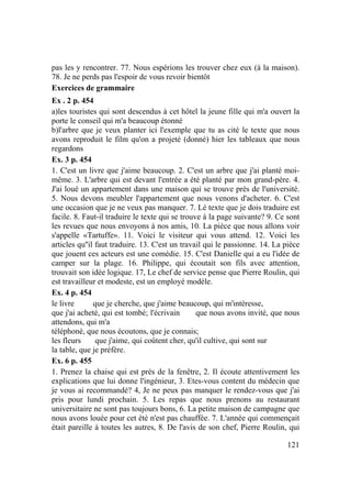121
pas les y rencontrer. 77. Nous espérions les trouver chez eux (à la maison).
78. Je ne perds pas l'espoir de vous revoir bientôt
Exercices de grammaire
Ex . 2 p. 454
a)les touristes qui sont descendus à cet hôtel la jeune fille qui m'a ouvert la
porte le conseil qui m'a beaucoup étonné
b)l'arbre que je veux planter ici l'exemple que tu as cité le texte que nous
avons reproduit le film qu'on a projeté (donné) hier les tableaux que nous
regardons
Ex. 3 p. 454
1. C'est un livre que j'aime beaucoup. 2. C'est un arbre que j'ai planté moi-
même. 3. L'arbre qui est devant l'entrée a été planté par mon grand-père. 4.
J'ai loué un appartement dans une maison qui se trouve près de l'université.
5. Nous devons meubler l'appartement que nous venons d'acheter. 6. C'est
une occasion que je ne veux pas manquer. 7. Lé texte que je dois traduire est
facile. 8. Faut-il traduire le texte qui se trouve à la page suivante? 9. Ce sont
les revues que nous envoyons à nos amis, 10. La pièce que nous allons voir
s'appelle «Tartuffe». 11. Voici le visiteur qui vous attend. 12. Voici les
articles qu''il faut traduire. 13. C'est un travail qui le passionne. 14. La pièce
que jouent ces acteurs est une comédie. 15. C'est Danielle qui a eu l'idée de
camper sur la plage. 16. Philippe, qui écoutait son fils avec attention,
trouvait son idée logique. 17, Le chef de service pense que Pierre Roulin, qui
est travailleur et modeste, est un employé modèle.
Ex. 4 p. 454
le livre que je cherche, que j'aime beaucoup, qui m'intéresse,
que j'ai acheté, qui est tombé; l'écrivain que nous avons invité, que nous
attendons, qui m'a
téléphoné, que nous écoutons, que je connais;
les fleurs que j'aime, qui coûtent cher, qu'il cultive, qui sont sur
la table, que je préfère.
Ex. 6 p. 455
1. Prenez la chaise qui est près de la fenêtre, 2. Il écoute attentivement les
explications que lui donne l'ingénieur, 3. Etes-vous content du médecin que
je vous ai recommandé? 4, Je ne peux pas manquer le rendez-vous que j'ai
pris pour lundi prochain. 5. Les repas que nous prenons au restaurant
universitaire ne sont pas toujours bons, 6. La petite maison de campagne que
nous avons louée pour cet été n'est pas chauffée. 7. L'année qui commençait
était pareille à toutes les autres, 8. De l'avis de son chef, Pierre Roulin, qui
 