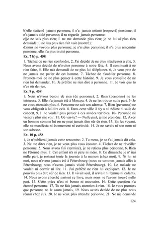 124
b)elle n'attend jamais personne; il n'a jamais estimé (respecté) personne; il
n'a jamais aidé personne; il ne regarde jamais personne;
c)je ne sais plus rien; il ne me demande plus rien; je ne lui ai plus rien
demandé; il ne m'a plus rien fait voir (montré);
d)nous ne voyons plus personne; je n'ai plus personne; il n'a plus rencontré
personne; elle n'a plus invité personne.
Ex. 7 b) p. 458
1. Tâchez de ne rien confondre, 2, J'ai décidé de ne plus m'adresser à elle, 3.
Nous avons décidé de n'inviter personne à notre fête, 4. Il continuait à né
rien faire, 5. Elle m'a demandé de ne plus lui téléphoner. 6, Je vous prie de
ne jamais me parler de cet homme. 7. Tâchez de n'oublier personne. 8.
Promets-moi de ne plus penser à cette histoire. 9. Je vous conseille de ne
rien lui demander, 10, Je préfère ne rien dire à personne. 11. Je vois que tu
n'es sûr de rien,
Ex. 9 p. 458
1. Nous n'avons besoin de rien (de personne), 2. Rien (personne) ne les
intéresse. 3. Elle n'a jamais été à Moscou. 4. Je ne les trouve nulle part. 5- Je
ne vous attendais plus, 6. Personne ne sait son adresse. 7, Rien (personne) ne
vous obligeait à lui dire cela. 8. Dans cette ville il n'y a ni théâtre ni salle de
concert, 9. Il ne voulait plus penser à ces années terribles. 10- Personne ne
viendra plus me voir. 11. Où vas-tu? — Nulle part, je me promène. 12, Avec
un homme comme lui on ne peut jamais être sûr de rien. 13. En les voyant,
elle ne manifesta ni étonnement ni curiosité. 14. Je ne savais ni son nom ni
son adresse.
Ex. 10 p. 458
1, Je n'oublierai jamais cette rencontre- 2. Tu mens, je ne t'ai jamais dit cela.
3. Ne me dites rien, je ne veux plus vous écouter. 4, Tâchez de ne réveiller
personne. 5, Nous avons fini (terminé), je ne retiens plus personne, 6, Rien
ne l'étonné plus. 7. Cet enfant n'a ni père ni mère. 8. Ce dimanche je n' irai
nulle part, je resterai toute la journée à la maison (chez moi), 9, Ni lui ni
moi, nous n'avons jamais été à Pétersbourg (nous ne sommes jamais allés à
Pétersbourg; nous n'avons jamais visité Pétersbourg). 10, Le malade ne
voulait ni dormir ni lire. 11. J'ai préféré ne rien lui expliquer. 12. Je ne
pouvais plus être sûr de rien. 13. Il vivait seul, il n'avait ni femme ni enfants.
14. Nous avons cherché partout ce livre, mais nous ne l'avons trouvé nulle
part. 15. Cette pièce n'est ni bonne ni mauvaise. 16. Cette question n'a
étonné personne. 17. Tu ne fais jamais attention à rien. 18. Je vous promets
que personne ne le saura jamais, 19. Nous avons décidé de ne plus nous
réunir chez eux. 20. Je ne veux plus attendre personne. 21. Ne me demande
 
