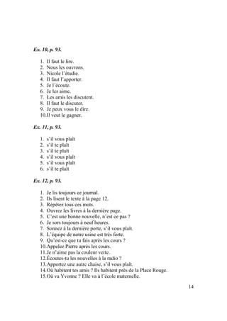 14
Ex. 10, p. 93.
1. Il faut le lire.
2. Nous les ouvrons.
3. Nicole l’étudie.
4. Il faut l’apporter.
5. Je l’écoute.
6. Je les aime.
7. Les amis les discutent.
8. Il faut le discuter.
9. Je peux vous le dire.
10.Il veut le gagner.
Ex. 11, p. 93.
1. s’il vous plaît
2. s’il te plaît
3. s’il te plaît
4. s’il vous plaît
5. s’il vous plaît
6. s’il te plaît
Ex. 12, p. 93.
1. Je lis toujours ce journal.
2. Ils lisent le texte à la page 12.
3. Répétez tous ces mots.
4. Ouvrez les livres à la dernière page.
5. C’est une bonne nouvelle, n’est ce pas ?
6. Je sors toujours à neuf heures.
7. Sonnez à la dernière porte, s’il vous plaît.
8. L’équipe de notre usine est très forte.
9. Qu’est-ce que tu fais après les cours ?
10.Appelez Pierre après les cours.
11.Je n’aime pas la couleur verte.
12.Écoutes-tu les nouvelles à la radio ?
13.Apportez une autre chaise, s’il vous plaît.
14.Où habitent tes amis ? Ils habitent près de la Place Rouge.
15.Où va Yvonne ? Elle va à l’école maternelle.
 