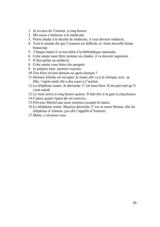 26
1. Je reviens de l’institut à cinq heures.
2. Ma soeur s’intéresse à la médecine.
3. Pierre étudie à la faculté de médicine, il veut devenir médecin.
4. Tout le monde dit que l’examen est difficile, et Alain travaille ferme
beaucoup.
5. Chaque matin il va travailler à la bibliothèque nationale.
6. Cette année mon frère termine ses études, il va devenir ingénieur.
7. Il faut parler au médecin.
8. Cette année vous faites des progrès.
9. Je prépare mon premier examen.
10.Ton frère revient demain ou après-demain ?
11.Demain Juliette est occupée, le matin elle va à la clinique avec sa
fille, l’après-midi elle a des cours à l’institut.
12.Le téléphone sonne. Je décroche. C’est mon frère. Il me prévient qu’il
vient mardi.
13.Le train arrive à cinq heures quinze. Il faut être à la gare à cinq heures.
14.Copiez quatre lignes de cet exercice.
15.Préviens Michel que nous sommes occupés le matin.
16.Le téléphone sonne. Maurice décroche. C’est sa soeur Denise, elle lui
téléphone d’Amiens. (ou elle l’appelle d’Amiens)
17.Marie, c’est pour vous.
 