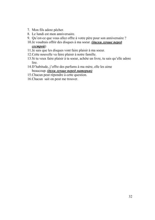 32
7. Mon fils adore pêcher.
8. Le lundi est mon anniversaire.
9. Qu’est-ce que vous allez offre à votre père pour son anniversaire ?
10.Je voudrais offrir des disques à ma soeur. (диски лучше перед
сестрой)
11.Je sais que les disques vont faire plaisir à ma soeur.
12.Cette nouvelle va faire plaisir à notre famille.
13.Si tu veux faire plaisir à ta soeur, achète un livre, tu sais qu’elle adore
lire.
14.D’habitude, j’offre des parfums à ma mère, elle les aime
beaucoup. (духи лучше перед матерью)
15.Chacun peut répondre à cette question.
16.Chacun sait on peut me trouver.
 
