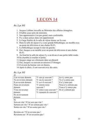 33
LEÇON 14
Ex. 2, p. 132
1. Jacques Leblanc travaille au Ministère des affaires étrangères.
2. Il habite assez près du ministère.
3. Son appartement n’est pas grand, mais confortable.
4. Il y a deux pièces dans son appartement.
5. La large fenêtre de la salle de séjour donne sur la cour.
6. Dans la salle de séjour il y a une grande bibliothèque, un meuble avec
un poste de télévision et une chaîne Hi-Fi.
7. La bibliothèque occupe le mur de gauche.
8. Oui, Jacques a un meuble avec un poste de télévision et une chaîne
Hi-Fi.
9. Au fond de la salle de séjour il y a un divan et une petite table ronde.
10.Sa chambre à coucher et petite.
11.Jacques range ses vêtements dans un placard.
12.Oui, Jacques va souvent en mission à l’étranger.
13.Il revient du bureau vers six heures.
14.Après le dîner, il sort souvent avec des amis.
Ex. 3, p. 132
a)
J’en reviens demain
Tu en reviens demain
Il en revient demain
Nous en revenons
demain
Vous en revenez
demain
Ils en reviennent
demain
Y vais-je souvent ?
Y vas-tu souvent ?
Y va-t-il souvent ?
Y venons-nous
souvent ?
Y venez-vous souvent ?
Y viennent-ils souvent ?
Je n’y entre pas
Tu n’y entres pas
Il n’y entre pas
Nous n’y entrons pas
Vous n’y entrez pas
Ils n’y entrent pas
b)
Sors-en vite ! N’en sors pas vite !
Sortons-en vite ! N’en sortons pas vite !
Sortez-en vite ! N’en sortez pas vite !
Reviens-en ! N’en reviens pas !
Revenons-en ! N’en revenons pas !
 