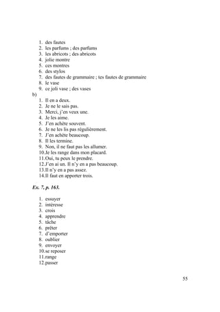 55
1. des fautes
2. les parfums ; des parfums
3. les abricots ; des abricots
4. jolie montre
5. ces montres
6. des stylos
7. des fautes de grammaire ; tes fautes de grammaire
8. le vase
9. ce joli vase ; des vases
b)
1. Il en a deux.
2. Je ne le sais pas.
3. Merci, j’en veux une.
4. Je les aime.
5. J’en achète souvent.
6. Je ne les lis pas régulièrement.
7. J’en achète beaucoup.
8. Il les termine.
9. Non, il ne faut pas les allumer.
10.Je les range dans mon placard.
11.Oui, tu peux le prendre.
12.J’en ai un. Il n’y en a pas beaucoup.
13.Il n’y en a pas assez.
14.Il faut en apporter trois.
Ex. 7, p. 163.
1. essuyer
2. intéresse
3. crois
4. apprendre
5. tâche
6. prêter
7. d’emporter
8. oublier
9. envoyer
10.se reposer
11.range
12.passer
 
