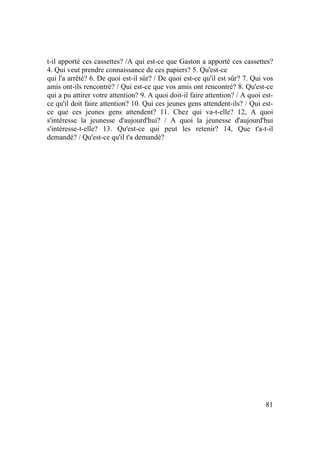 81
t-il apporté ces cassettes? /A qui est-ce que Gaston a apporté ces cassettes?
4. Qui veut prendre connaissance de ces papiers? 5. Qu'est-ce
qui l'a arrêté? 6. De quoi est-il sûr? / De quoi est-ce qu'il est sûr? 7. Qui vos
amis ont-ils rencontré? / Qui est-ce que vos amis ont rencontré? 8. Qu'est-ce
qui a pu attirer votre attention? 9. A quoi doit-il faire attention? / A quoi est-
ce qu'il doit faire attention? 10. Qui ces jeunes gens attendent-ils? / Qui est-
ce que ces jeunes gens attendent? 11. Chez qui va-t-elle? 12, A quoi
s'intéresse la jeunesse d'aujourd'hui? / A quoi la jeunesse d'aujourd'hui
s'intéresse-t-elle? 13. Qu'est-ce qui peut les retenir? 14, Que t'a-t-il
demandé? / Qu'est-ce qu'il t'a demandé?
 