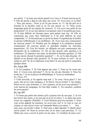88
ton article. 7- Je lisais son article quand il est venu, 8. Il lisait souvent au lit.
9. Elle dit qu'elle a déjà lu cela dans une revue. 10. Avez-vous vu ce film?
— Non, pas encore. / Non» je ne l'ai pas encore vu. 11. On dit qu'il est à
l'institut (à la faculté), mais je ne l'ai pas encore vu. 12. Nous avons
longtemps parlé de nos projets de vacances, 13. Lui avez-vous parlé de ma
proposition? 14, Je me suis adressé à un passant, mais il ne parlait pas russe.
15. Il était difficile de l'écouter parce qu'il parlait trop vite. 16. Elle ne
connaissait pas assez bien l'allemand et il lui était difficile de nous
comprendre. 17. Il n'écoutait pas ce qu'on lui disait. Il regardait par la fenêtre
et pensait (réfléchissait) à ses problèmes. 18. Avez-vous pris connaissance
du nouveau projet? 19. Pendant que les délégués à la conférence prenait
connaissance du nouveau projet, le président étudiait les nouvelles
propositions. 20, Vers dix heures, les délégués ont pris connaissance des
documents de la conférence. 21. On n'a pas discuté cette question à la
conférence. 22, Quand je suis entré, on discutait la dernière question. 23. On
n'a pas encore discuté la première question? — Si, on l'a déjà discutée. 24.
Quand a-t-on discuté cette question? 25. Si nous sortions ce soir? / Si on
sortait ce soir? 26. Si tu t'adressais à ton frère? Je suis sûr qu'il te conseillera
quelque chose.
Ex. 2 a) p. 336
1. Je l'ai comprise. 2. Ils l'ont apprise par cœur. 3. Nous ne les avons pas
faits. 4. L'avez-vous prévenue? 5. Ils ne les ont pas discutés. 6. Nous les
avons lus, 7. Je les ai prises à la bibliothèque. 8. Tu tes as confondues.
Ex. 2 b) p. 337
1- Cette nouvelle, je l'ai apprise trop tard. 2. Ta veste, l'as-tu prise? 3. Ses
cours, elle ne les a pas manques, 4. Et Sylvie, l'as-tu invitée? 5. Ses études,
Pierre ne les a pas terminées. 6. Vos vacances, où les avez-vous passées? 7.
Leur maison de campagne, ils l'ont déjà vendue. 8. Tes cassettes, combien
les as-tu payées?
Ex. 3 p. 337
1. Il n'aime pas parler des années qu'il a passées loin de son pays. 2. Je n'ai
pas trouvé mes notes, je ne sais pas où je les ai mises. 3. La pièce que nous
avons vue s'appelle «Tartuffe». 4. Voici l'histoire qu'il m'a racontée. 5. Nous
vous avons apporté les journaux, les avez-vous vus? 6. Je vous ai vues au
cinéma, et vous m'avez-vous vue? demande Marie à ses amies. 7. Nos
amis nous ont invités à dîner. 8. Paul nous a déjà répondu. 9. Quelle pièce
ont-ils jouée? 10. Nous ne savons rien, on ne nous a pas prévenus. 11. La
fillette qui vous a ouvert la porte est ma sœur. 12. Combien de jours avez-
 