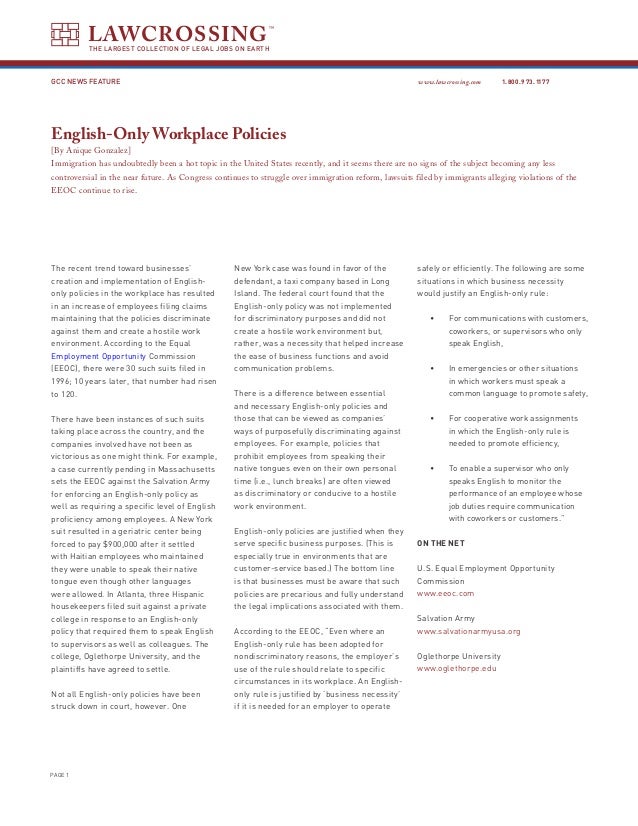 English Only Policy At Work | English-Only Workplace Rules Must Be a ...