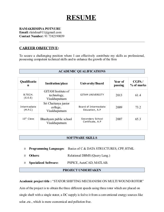 resume format for btech students