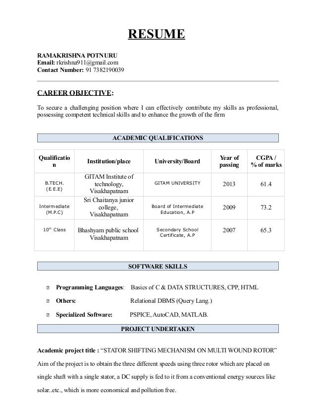 resume format for freshers b.tech cse