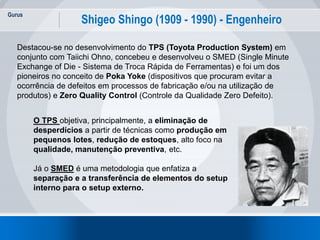 Gurus
11
Shigeo Shingo (1909 - 1990) - Engenheiro
Destacou-se no desenvolvimento do TPS (Toyota Production System) em
conjunto com Taiichi Ohno, concebeu e desenvolveu o SMED (Single Minute
Exchange of Die - Sistema de Troca Rápida de Ferramentas) e foi um dos
pioneiros no conceito de Poka Yoke (dispositivos que procuram evitar a
ocorrência de defeitos em processos de fabricação e/ou na utilização de
produtos) e Zero Quality Control (Controle da Qualidade Zero Defeito).
O TPS objetiva, principalmente, a eliminação de
desperdícios a partir de técnicas como produção em
pequenos lotes, redução de estoques, alto foco na
qualidade, manutenção preventiva, etc.
Já o SMED é uma metodologia que enfatiza a
separação e a transferência de elementos do setup
interno para o setup externo.
 