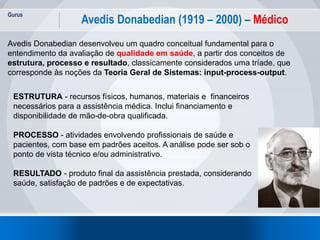 Gurus
23
Avedis Donabedian (1919 – 2000) – Médico
Avedis Donabedian desenvolveu um quadro conceitual fundamental para o
entendimento da avaliação de qualidade em saúde, a partir dos conceitos de
estrutura, processo e resultado, classicamente considerados uma tríade, que
corresponde às noções da Teoria Geral de Sistemas: input-process-output.
ESTRUTURA - recursos físicos, humanos, materiais e financeiros
necessários para a assistência médica. Inclui financiamento e
disponibilidade de mão-de-obra qualificada.
PROCESSO - atividades envolvendo profissionais de saúde e
pacientes, com base em padrões aceitos. A análise pode ser sob o
ponto de vista técnico e/ou administrativo.
RESULTADO - produto final da assistência prestada, considerando
saúde, satisfação de padrões e de expectativas.
 