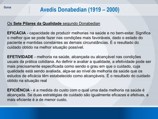 Gurus
26
Avedis Donabedian (1919 – 2000)
Os Sete Pilares da Qualidade segundo Donabedian
EFICÁCIA - capacidade de produzir melhorias na saúde e no bem-estar. Significa
o melhor que se pode fazer nas condições mais favoráveis, dado o estado do
paciente e mantidas constantes as demais circunstâncias. É o resultado do
cuidado obtido na melhor situação possível.
EFETIVIDADE - melhoria na saúde, alcançada ou alcançável nas condições
usuais da prática cotidiana. Ao definir e avaliar a qualidade, a efetividade pode ser
mais precisamente especificada como sendo o grau em que o cuidado, cuja
qualidade está sendo avaliada, alça-se ao nível de melhoria da saúde que os
estudos de eficácia têm estabelecido como alcançáveis. É o resultado do cuidado
obtido na situação real
EFICIÊNCIA - é a medida do custo com o qual uma dada melhoria na saúde é
alcançada. Se duas estratégias de cuidado são igualmente eficazes e efetivas, a
mais eficiente é a de menor custo.
 