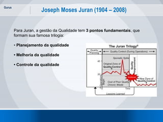Gurus
7
Joseph Moses Juran (1904 – 2008)
Para Juran, a gestão da Qualidade tem 3 pontos fundamentais, que
formam sua famosa trilogia:
• Planejamento da qualidade
• Melhoria da qualidade
• Controle da qualidade
 