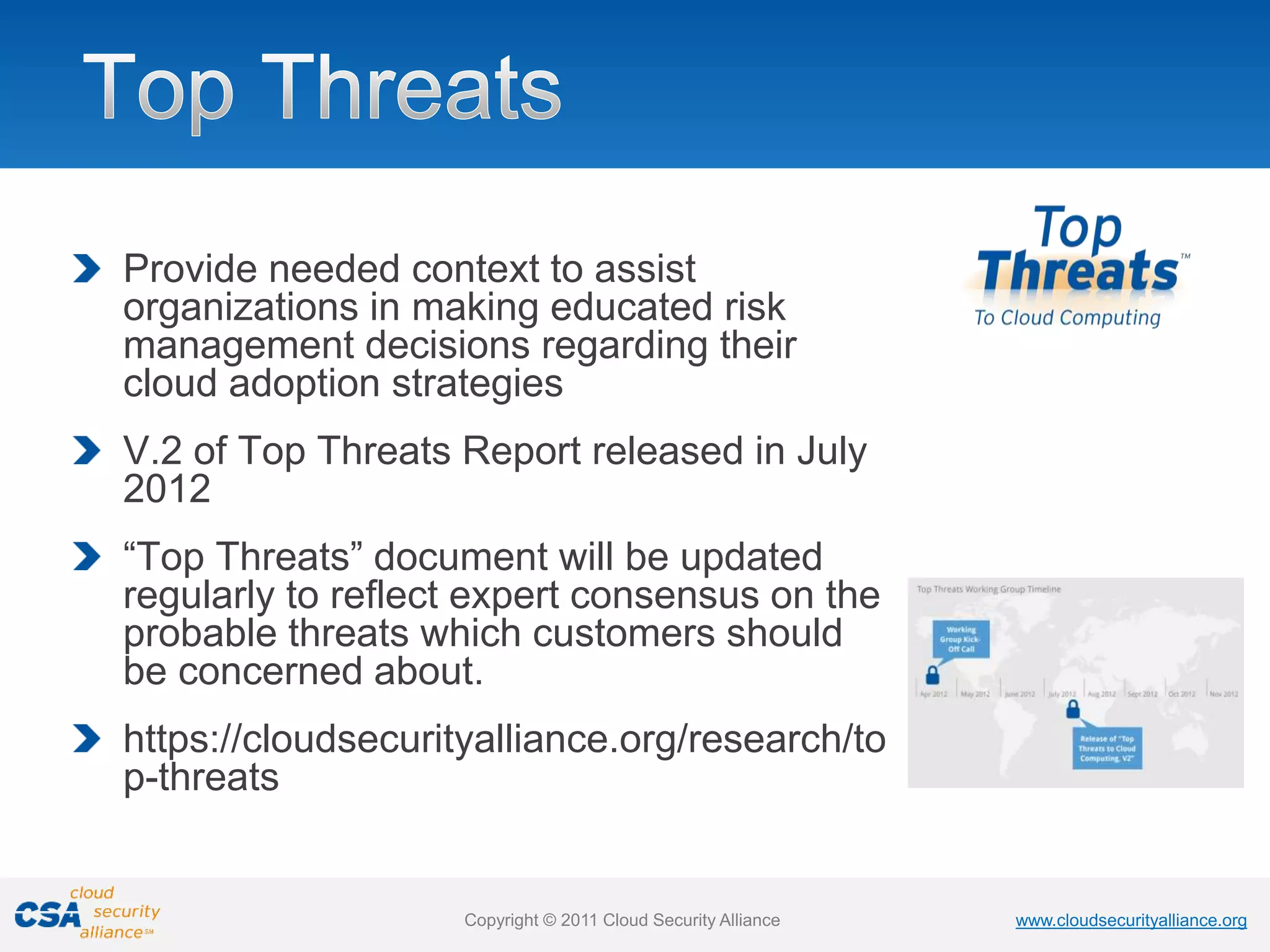 www.cloudsecurityalliance.org
Copyright © 2011 Cloud Security Alliance www.cloudsecurityalliance.org
Copyright © 2011 Cloud Security Alliance
Provide needed context to assist
organizations in making educated risk
management decisions regarding their
cloud adoption strategies
V.2 of Top Threats Report released in July
2012
“Top Threats” document will be updated
regularly to reflect expert consensus on the
probable threats which customers should
be concerned about.
https://cloudsecurityalliance.org/research/to
p-threats
 