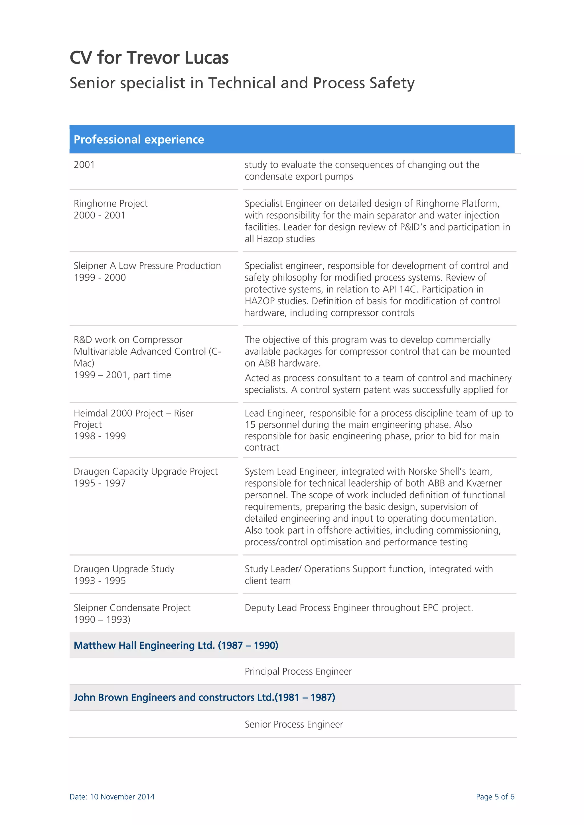 CV for Trevor Lucas 
Senior specialist in Technical and Process Safety 
Date: 10 November 2014 Page 5 of 6 
Professional experience 
2001 
study to evaluate the consequences of changing out the condensate export pumps 
Ringhorne Project 2000 - 2001 
Specialist Engineer on detailed design of Ringhorne Platform, with responsibility for the main separator and water injection facilities. Leader for design review of P&ID’s and participation in all Hazop studies 
Sleipner A Low Pressure Production 1999 - 2000 
Specialist engineer, responsible for development of control and safety philosophy for modified process systems. Review of protective systems, in relation to API 14C. Participation in HAZOP studies. Definition of basis for modification of control hardware, including compressor controls 
R&D work on Compressor Multivariable Advanced Control (C- Mac) 1999 – 2001, part time 
The objective of this program was to develop commercially available packages for compressor control that can be mounted on ABB hardware. Acted as process consultant to a team of control and machinery specialists. A control system patent was successfully applied for 
Heimdal 2000 Project – Riser Project 1998 - 1999 
Lead Engineer, responsible for a process discipline team of up to 15 personnel during the main engineering phase. Also responsible for basic engineering phase, prior to bid for main contract 
Draugen Capacity Upgrade Project 1995 - 1997 
System Lead Engineer, integrated with Norske Shell's team, responsible for technical leadership of both ABB and Kværner personnel. The scope of work included definition of functional requirements, preparing the basic design, supervision of detailed engineering and input to operating documentation. Also took part in offshore activities, including commissioning, process/control optimisation and performance testing 
Draugen Upgrade Study 1993 - 1995 
Study Leader/ Operations Support function, integrated with client team 
Sleipner Condensate Project 1990 – 1993) 
Deputy Lead Process Engineer throughout EPC project. Matthew Hall Engineering Ltd. (1987 – 1990) 
Principal Process Engineer John Brown Engineers and constructors Ltd.(1981 – 1987) 
Senior Process Engineer 
 