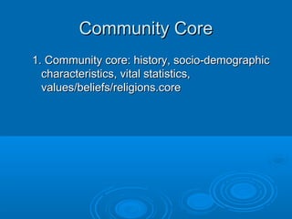 CCoommmmuunniittyy CCoorree 
11.. CCoommmmuunniittyy ccoorree:: hhiissttoorryy,, ssoocciioo--ddeemmooggrraapphhiicc 
cchhaarraacctteerriissttiiccss,, vviittaall ssttaattiissttiiccss,, 
vvaalluueess//bbeelliieeffss//rreelliiggiioonnss..ccoorree 
 