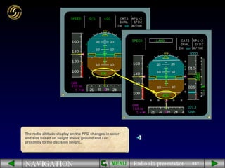 9/17 The radio altitude display on the PFD changes in color and size based on height above ground and / or proximity to the decision height.. MENU 
