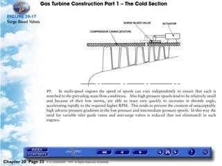 Gas Turbine Construction Part 1 – The Cold Section

 FIGURE 20-17
 Surge Bleed Valves




                        49.    In multi-spool engines the speed of spools can vary independently to ensure that each is
                        matched to the prevailing mass flow conditions. Also high pressure spools tend to be relatively small
                        and because of their low inertia, are able to react very quickly to increases in throttle angle,
                        accelerating rapidly to the required higher RPM. This tends to prevent the creation of unacceptably
                        high adverse pressure gradients in the low pressure and intermediate pressure spools. In this way the
                        need for variable inlet guide vanes and anti-surge valves is reduced (but not eliminated) in such
                        engines.




Chapter 20 Page 33      © G LONGHURST 1999 All Rights Reserved Worldwide
 