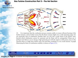 Gas Turbine Construction Part 2 – The Hot Section

 FIGURE 21-3
 Flame Stabilisation




                         10.     It is important that the combustion process remains stable, to ensure efficient burning of the
                         fuel/air mixture, and to further ensure that the flame remains alight over a wide operating range. For
                         any particular type of combustion chamber there are rich and a weak limits to the fuel/air ratio,
                         beyond which combustion cannot be sustained and the flame will be extinguished. Flame-out is
                         perhaps most likely to occur during a high speed descent with the engines at idle power, since in this
                         situation there is a high mass airflow and a low fuel flow, resulting in a very weak mixture. A graph
                         illustrating the limits of combustion stability is shown at Figure 21-4.




Chapter 21 Page 6       © G LONGHURST 1999 All Rights Reserved Worldwide
 