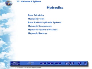 021 Airframe & Systems

                                                   Hydraulics

                       Basic Principles
                       Hydraulic Fluids
                       Basic Aircraft Hydraulic Systems
                       Hydraulic Components
                       Hydraulic System Indications
                       Hydraulic Systems




© G LONGHURST 1999 All Rights Reserved Worldwide
 