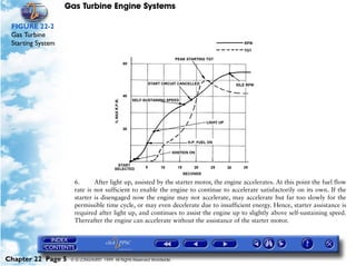 Gas Turbine Engine Systems

 FIGURE 22-2
 Gas Turbine
 Starting System




                     6.      After light up, assisted by the starter motor, the engine accelerates. At this point the fuel flow
                     rate is not sufficient to enable the engine to continue to accelerate satisfactorily on its own. If the
                     starter is disengaged now the engine may not accelerate, may accelerate but far too slowly for the
                     permissible time cycle, or may even decelerate due to insufficient energy. Hence, starter assistance is
                     required after light up, and continues to assist the engine up to slightly above self-sustaining speed.
                     Thereafter the engine can accelerate without the assistance of the starter motor.




Chapter 22 Page 5   © G LONGHURST 1999 All Rights Reserved Worldwide
 