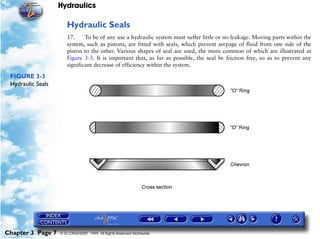 Hydraulics

                      Hydraulic Seals
                      17.     To be of any use a hydraulic system must suffer little or no leakage. Moving parts within the
                      system, such as pistons, are fitted with seals, which prevent seepage of fluid from one side of the
                      piston to the other. Various shapes of seal are used, the more common of which are illustrated at
                      Figure 3-3. It is important that, as far as possible, the seal be friction free, so as to prevent any
                      significant decrease of efficiency within the system.

 FIGURE 3-3
 Hydraulic Seals




Chapter 3 Page 7   © G LONGHURST 1999 All Rights Reserved Worldwide
 