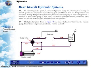 Hydraulics

                        Basic Aircraft Hydraulic Systems
                        18.     An aircraft hydraulic system is a source of pressure energy for activating a wide range of
                        aircraft systems and components such as landing gear, wheel brakes, flaps and flying controls, and
                        nosewheel steering. All hydraulic systems must, therefore, contain a pump to provide the pressure, a
                        reservoir of fluid for the pump to draw upon, actuators to operate the various components listed
                        above and selectors with which the desired functions are controlled.

                        19.   The hydraulic system shown in Figure 3-4 is a passive hydraulic system without a pressure
                        pump. The system is not pressurised unless the pump is operated.

 FIGURE 3-4
 Passive Hydraulic
 System




Chapter 3 Page 8     © G LONGHURST 1999 All Rights Reserved Worldwide
 