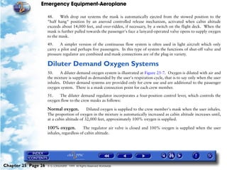 Emergency Equipment-Aeroplane

                     48.    With drop out systems the mask is automatically ejected from the stowed position to the
                     "half hang" position by an aneroid controlled release mechanism, activated when cabin altitude
                     exceeds about 14,000 feet, and over-ridden, if necessary, by a switch on the flight deck. When the
                     mask is further pulled towards the passenger's face a lanyard-operated valve opens to supply oxygen
                     to the mask.

                     49.    A simpler version of the continuous flow system is often used in light aircraft which only
                     carry a pilot and perhaps five passengers. In this type of system the functions of shut-off valve and
                     pressure regulator are combined and mask connections are of the plug-in variety.

                     Diluter Demand Oxygen Systems
                     50.     A diluter demand oxygen system is illustrated at Figure 25-7. Oxygen is diluted with air and
                     the mixture is supplied as demanded by the user's respiration cycle, that is to say only when the user
                     inhales. Diluter demand systems are provided only for crew use and are additional to the passenger
                     oxygen system. There is a mask connection point for each crew member.

                     51.   The diluter demand regulator incorporates a four-position control lever, which controls the
                     oxygen flow to the crew masks as follows:

                     Normal oxygen.          Diluted oxygen is supplied to the crew member's mask when the user inhales.
                     The proportion of oxygen in the mixture is automatically increased as cabin altitude increases until,
                     at a cabin altitude of 32,000 feet, approximately 100% oxygen is supplied.

                     100% oxygen.          The regulator air valve is closed and 100% oxygen is supplied when the user
                     inhales, regardless of cabin altitude.




Chapter 25 Page 26   © G LONGHURST 1999 All Rights Reserved Worldwide
 