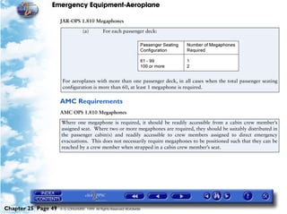 Emergency Equipment-Aeroplane

                     JAR-OPS 1.810 Megaphones
                                  (a)         For each passenger deck:




                      For aeroplanes with more than one passenger deck, in all cases when the total passenger seating
                      configuration is more than 60, at least 1 megaphone is required.

                     AMC Requirements
                     AMC OPS 1.810 Megaphones
                     Where one megaphone is required, it should be readily accessible from a cabin crew member’s
                     assigned seat. Where two or more megaphones are required, they should be suitably distributed in
                     the passenger cabin(s) and readily accessible to crew members assigned to direct emergency
                     evacuations. This does not necessarily require megaphones to be positioned such that they can be
                     reached by a crew member when strapped in a cabin crew member’s seat.




Chapter 25 Page 49   © G LONGHURST 1999 All Rights Reserved Worldwide
 