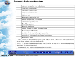 Emergency Equipment-Aeroplane

                                  Adhesive tape, safety pins and scissors
                                  Small adhesive dressings
                                  Antiseptic wound cleaner
                                  Adhesive wound closures
                                  Adhesive tape
                                  Disposable resuscitation aid
                                  Simple analgesic e.g. paracetamol
                                  Antiemetic e.g. cinnarizine
                                  Nasal decongestant
                                  First-Aid handbook
                                  Splints, suitable for upper and lower limbs
                                  Gastrointestinal Antacid +
                                  Anti-diarrhoeal medication e.g. Loperamide +
                                  Ground/Air visual signal code for use by survivors
                                  Disposable Gloves
                      A list of contents in at least 2 languages (English and one other). This should include information
                      on the effects and side effects of drugs carried.
                      NOTE: An eye irrigator whilst not required to be carried in the first-aid kit should, where possible,
                      be available for use on the ground.
                      + For aeroplanes with more than 9 passenger seats installed.




Chapter 25 Page 53   © G LONGHURST 1999 All Rights Reserved Worldwide
 